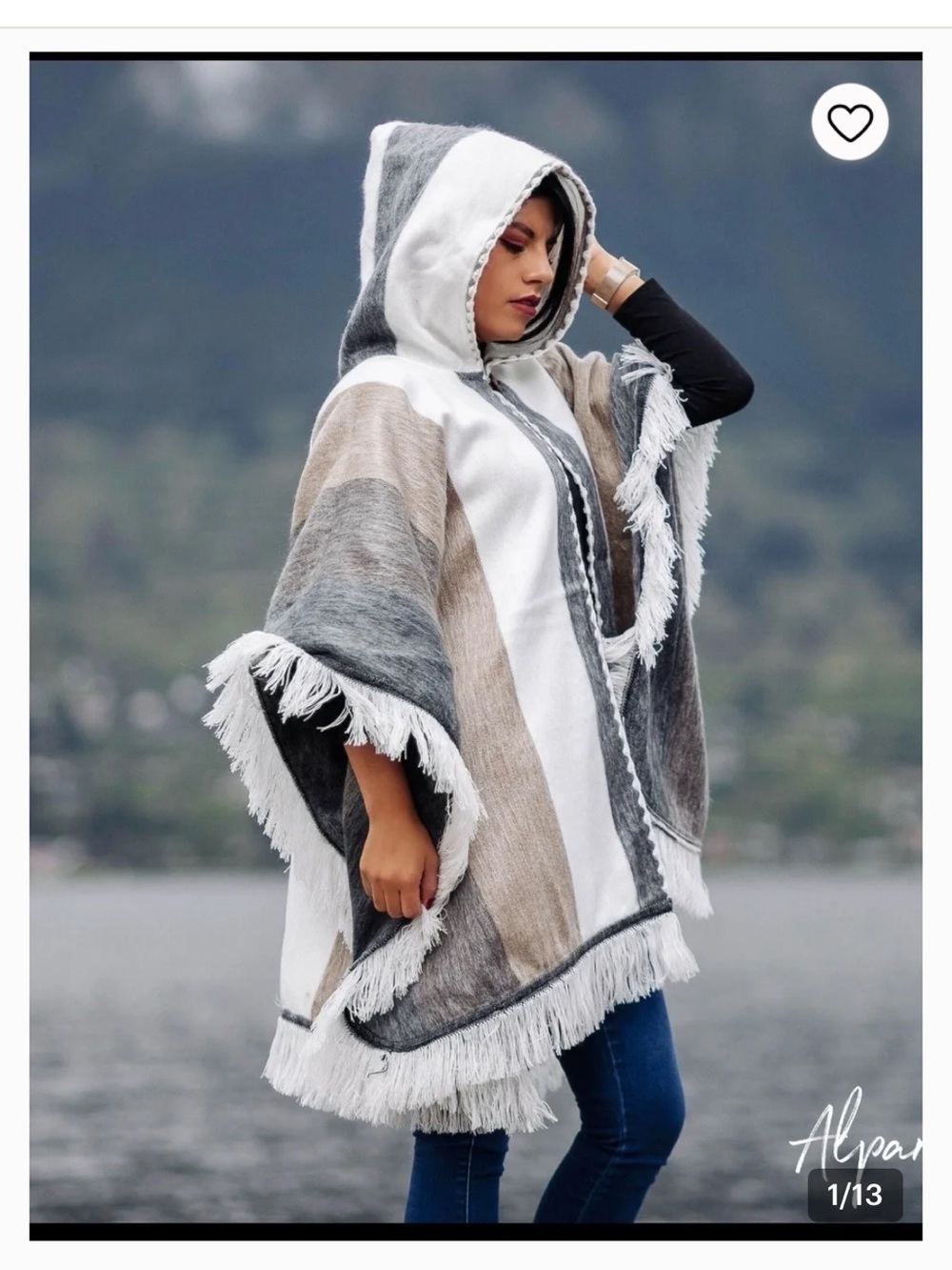 Alpaca 100% made Ecuador Hooded Poncho Jacket in Grey, White & Taupe